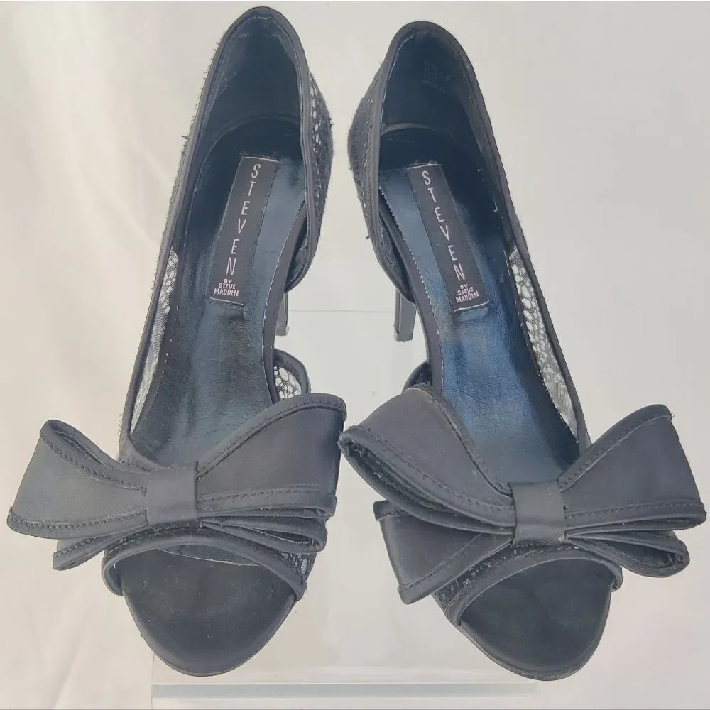 Steve madden Vale Sz 6 Giant Bow Black Lace D'Orsay Platform Stiletto Peep Heels